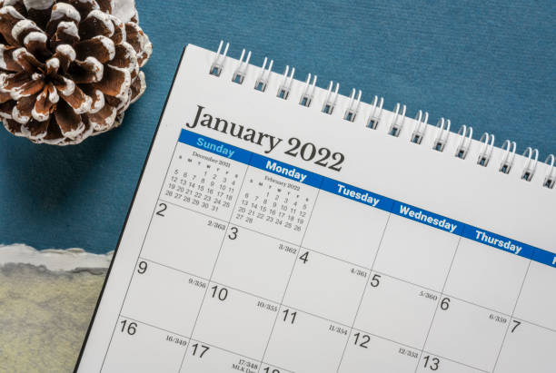 January 2022 - spiral desktop calendar stock photo