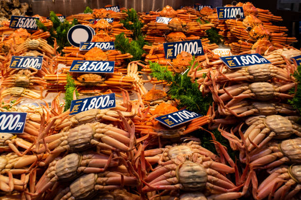 KANAZAWA, Japan. Market stall with big crabs in traditional Omicho Fish Market in Kanazawa. On the labels there are prices in japanese. ishikawa prefecture stock pictures, royalty-free photos & images