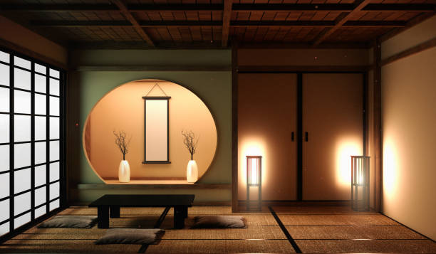 高級ルームやホテルの和風装飾で日本風リビングエリア.3dレンダリング - 和室 ストックフォトと画像