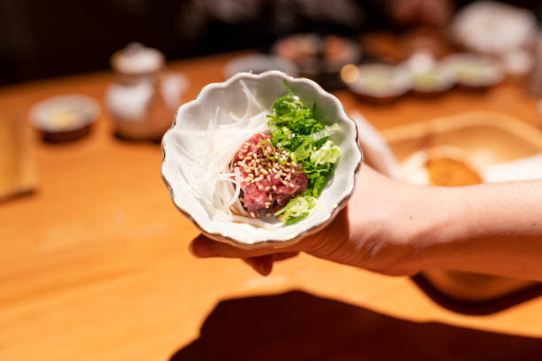 Japanese Beef Sashimi  in the restaurant stock photo