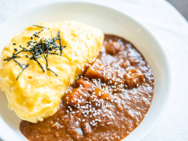 Japanese curry rice with omelette. stock photo