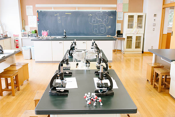 Japanese high school. An empty science laboratory, microscopes on benches stock photo