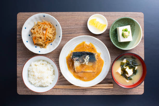 Japanese home cooking, mackerel miso recipe stock photo