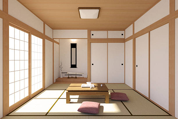 日本のリビングルームのインテリアの伝統的でシンプルなデザイン - 和室 ストックフォトと画像
