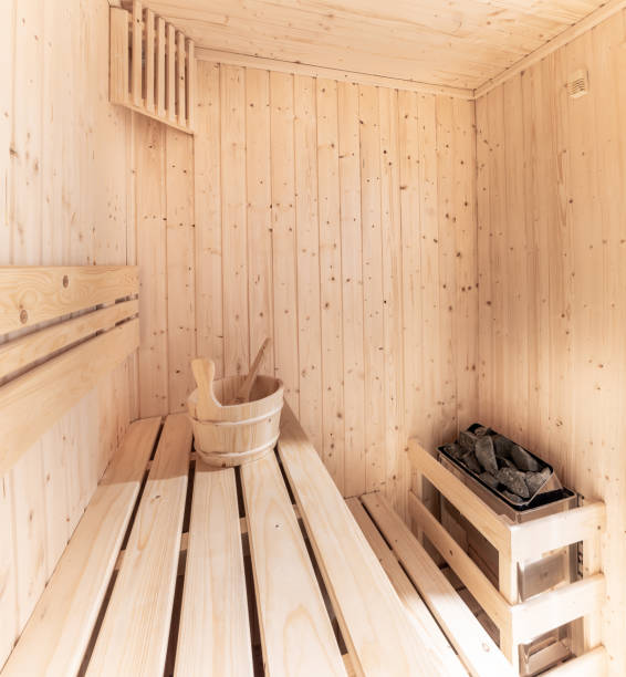 Japanese luxury clean sauna room interior stock photo