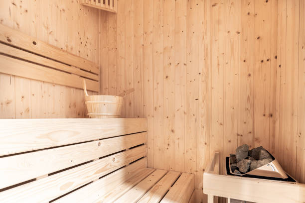 Japanese luxury clean sauna room interior stock photo