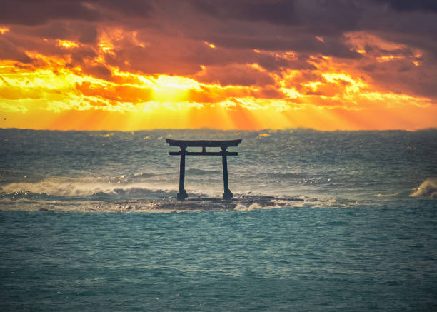 Japanese red gate in the ocean during a sunrise in Japan Looking at a Japanese Red Gate in The Ocean during a stunning sunrise. The location is close to Tokyo city a place called Katsuura. shrine stock pictures, royalty-free photos & images