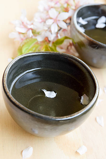 Japanese rice wine with cherry blossom stock photo