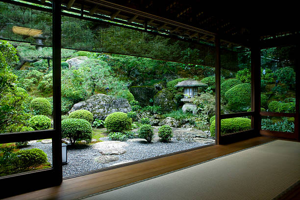 Japanese Room with a View Japanese garden seen from inside a traditional tatami room. kyoto prefecture stock pictures, royalty-free photos & images