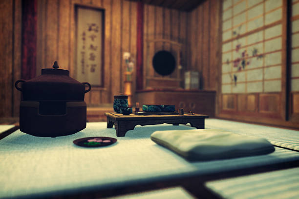 日本のお茶に chanoyu お部屋の準備 - 茶室 ストックフォトと画像