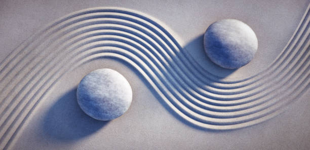 Japanese ZEN garden with textured sand - stock photo Japanese Rock Garden, Rock Garden, Summer, Yin Yang Symbol, Nature, tranquility harmony stock pictures, royalty-free photos & images