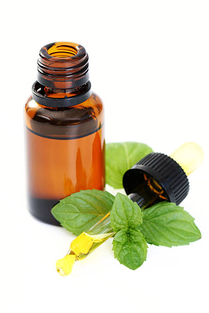 Jar of peppermint oil with peppermint leaves stock photo