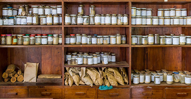 Jars with samples in an old lab stock photo