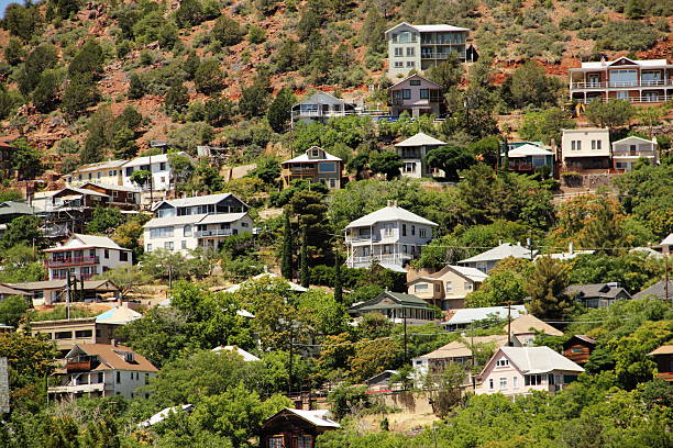 Jerome Arizona Mining Town View of the town of Jerome, Arizona- United States. According to 2006 Census Bureau estimates, the population of the town is 353. The presence of silver and copper has been known in the area around what is now Jerome since the Spanish colonial era when Arizona was part of New Spain. jerome arizona stock pictures, royalty-free photos & images
