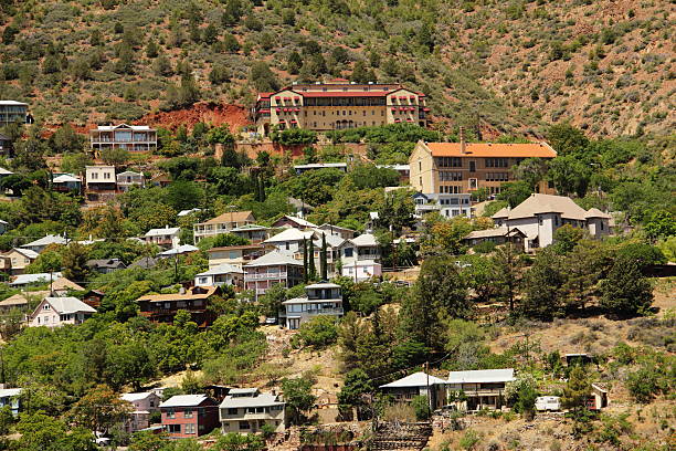 Jerome Mining Town Grand Hotel View of the town of Jerome, Arizona-  The town housed the workers in the nearby United Verde Mine, which was to produce over 1 billion dollars in copper, gold and silver over the next 70 years. jerome arizona stock pictures, royalty-free photos & images
