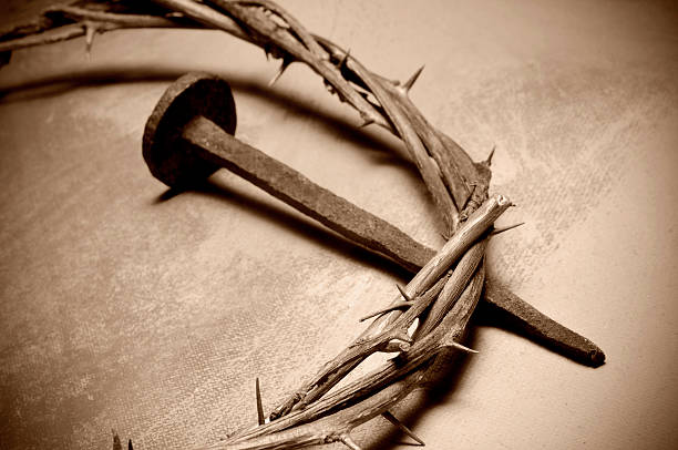 Jesus Christ crown of thorns and nail closeup of a representation of the Jesus Christ crown of thorns and nail crown of thorns stock pictures, royalty-free photos & images
