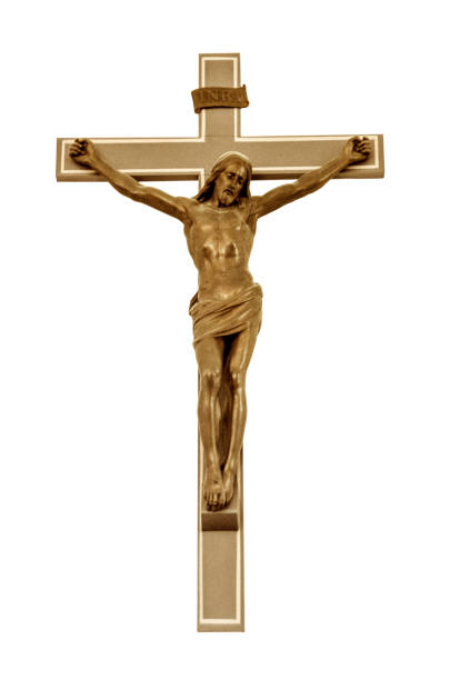 Jesus Christ hanging on an old cross i wood in the church, closeup with white background  good friday stock pictures, royalty-free photos & images