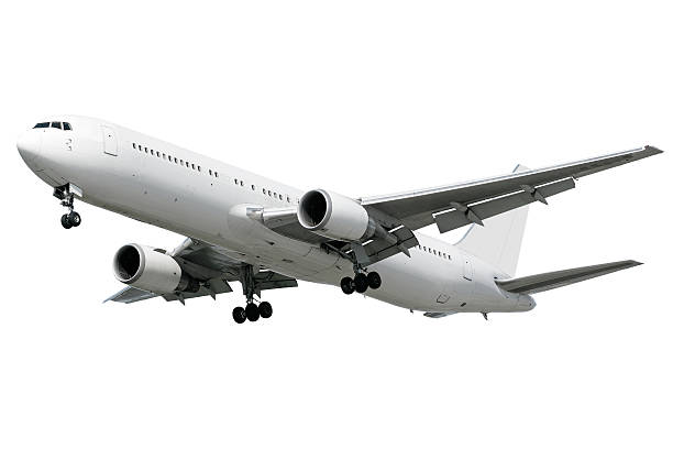 XXL jet airplane landing on white background stock photo