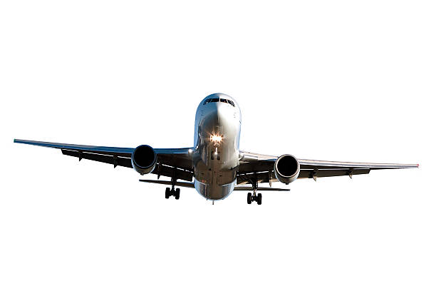 jet airplane landing on white background stock photo