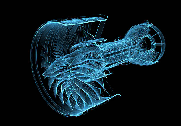 jet engine turbine (3d-xray blau-transparentes) - maschinenteil hergestellter gegenstand stock-fotos und bilder