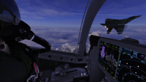 jet fighter pilot viewing  enemy aircraft on left wing in cockpit view 3d render - f 35 imagens e fotografias de stock