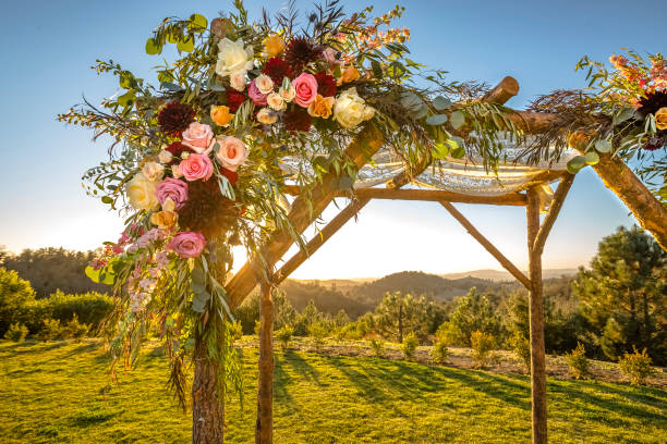 Jewish traditions wedding ceremony. Wedding canopy chuppah or huppah decorated with flowers Outdoor sunset view of a Jewish traditions wedding ceremony. Wedding canopy chuppah or huppah . chupah stock pictures, royalty-free photos & images