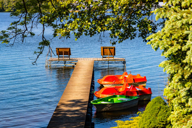 jezioro selmet wielki lake with recreation pier in sedki village in masuria region of poland - roe deer bildbanksfoton och bilder