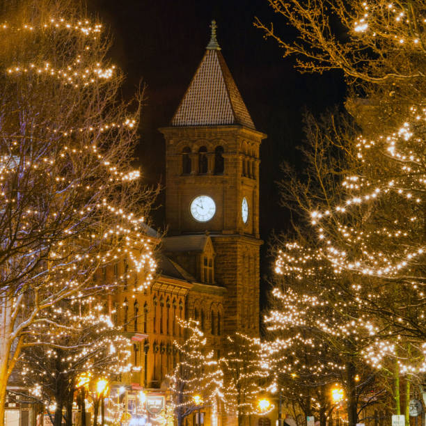 Jim Thorpe, Pennsylvania, at Christmas time, with lights stock photo