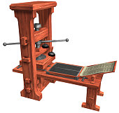 3D Rendering Illustration of a Printing Press invented and manufactured by the german goldsmith and inventor Johannes Gutenberg in the middle on the XV Century with wooden body and  metal mobile parts.