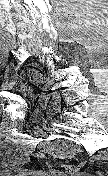 John in the Island of Patmos Engraving of "John in the Island of Patmos" in the Revelation of St. John published in "The Story of the Bible from Genesis to Revelation" Published by Charles Foster in 1883. The engraving is now in the public domain. writing good book stock pictures, royalty-free photos & images