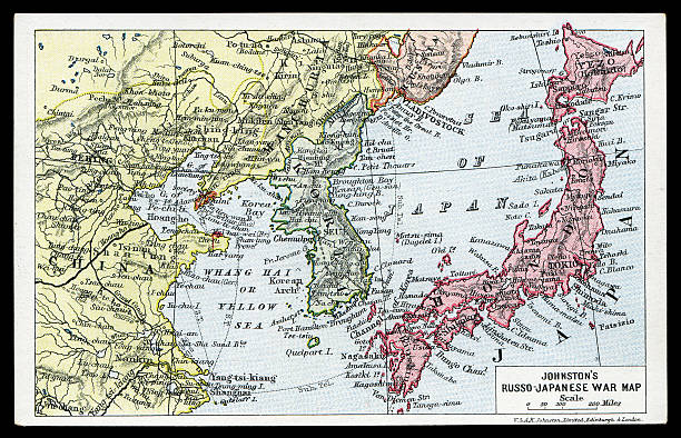 Johnston's Russo Japanese War Map postcard Johnston's Russo Japanese War Map postcard. korea photos stock pictures, royalty-free photos & images