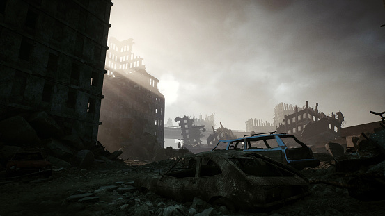 Digitally generated post apocalyptic scene depicting a desolate urban landscape with tall buildings in ruins and mostly cloudy sky.