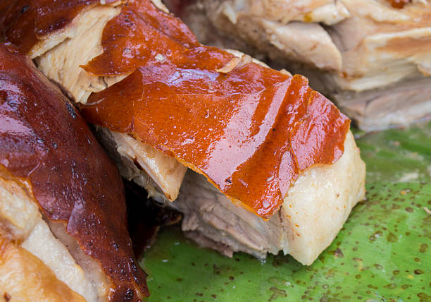 Juicy pork on the green leaf stock photo
