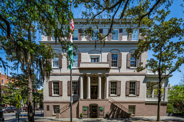 Juliette Gordon Low House Savannah Georgia Savannah, GA / USA - April 21, 2016: Juliette Gordon Low House on the corner of Bull and Oglethorpe Street in Savannah, Georgia's world famous historic district. historic district stock pictures, royalty-free photos & images