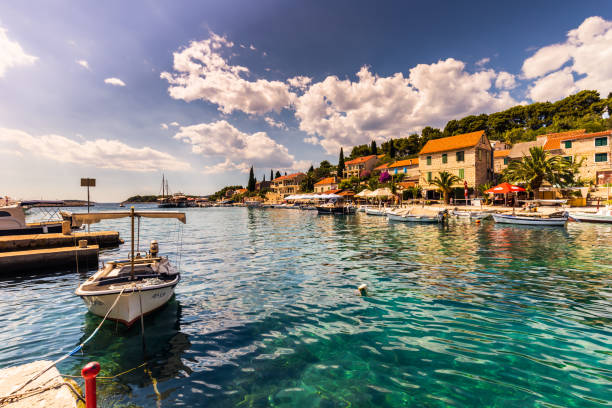 July 19, 2016: The village of Maslinica in the island of Brac, Croatia stock photo