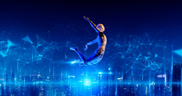 jumping 3d humanoid robot metaverse smart city digital world background, ai intelligence artificielle concept de technologie numérique automatisée, - metaverse photos et images de collection