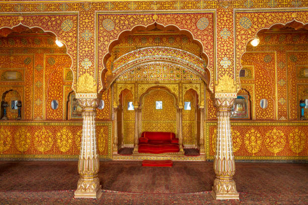 Junagarh Fort Bikaner Rajasthan - Interior gold artwork. A popular tourist destination. stock photo