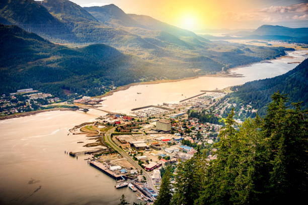 Juneau, Alaska with landscape view of mountains and the city Juneau, Alaska, USA with mountains in the background alaska stock pictures, royalty-free photos & images