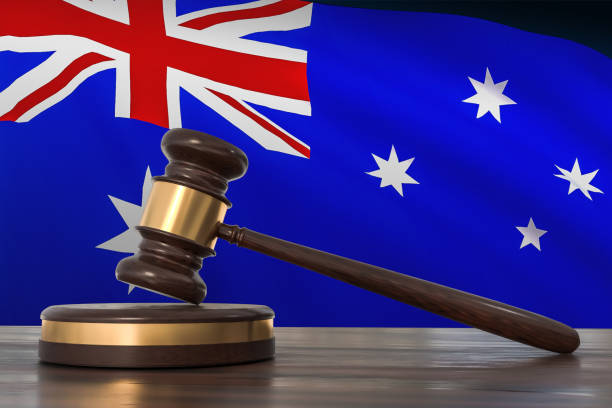 Justice in Australia. Wooden gavel in in lawyer office stock photo