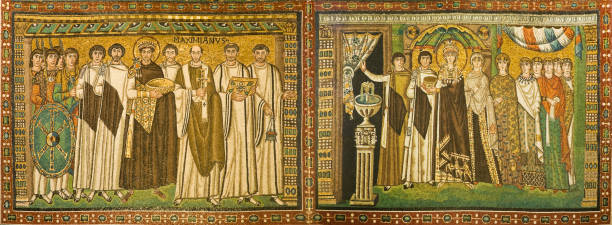 Justinian and Theodora mosaics, Basilica of San Vitale, Ravenna, Italy Emperor Justinian with his retinue (left) and Empress Theodora with attendants (right). Mosaics from the Basilica of San Vitale, Ravenna, Emilia-Romagna, Italy. The Basilica - built in the 6th centur - is one of the eight structures in Ravenna registered as UNESCO World Heritage Sites. byzantine stock pictures, royalty-free photos & images
