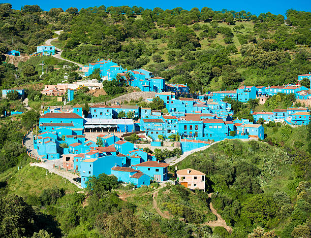 Juzcar, a village with blue buildings in Andalusia Malaga stock photo