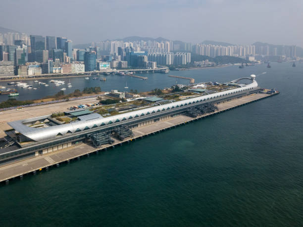 Kai Tak Cruise Terminal of Hong Kong from drone view stock photo