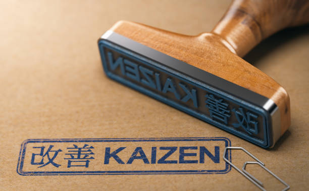 Kaizen Word, Continuous Improvement and Lean Manufacturing 3D illustration of a rubber stamp with the text kaizen in English and Japanese language stamped on paper background. Concept of continuous improvement. leaning stock pictures, royalty-free photos & images
