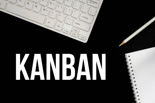 kanban, agile development methodology concept, teammate work place with keyboard stock photo
