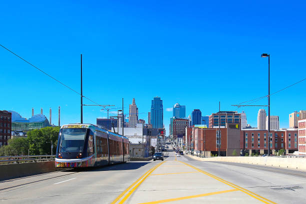 Kansas City Skyline Streetcar KC streetcar and skyline olathe kansas stock pictures, royalty-free photos & images