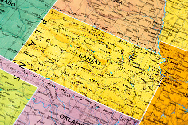 Kansas Map of the state of Kansas. Selective Focus.  topeka stock pictures, royalty-free photos & images
