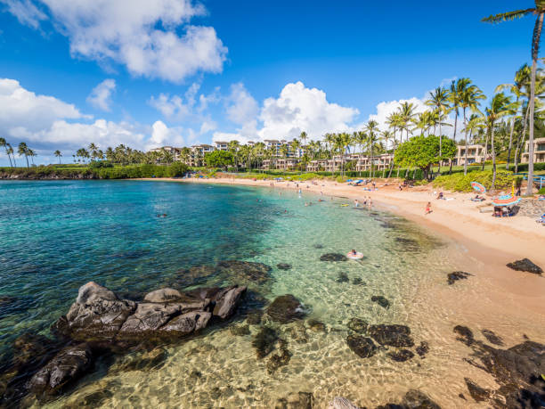 Kapalua beach bay, Maui, Hawaiian Islands beautiful seabed and family atmosphere stock photo
