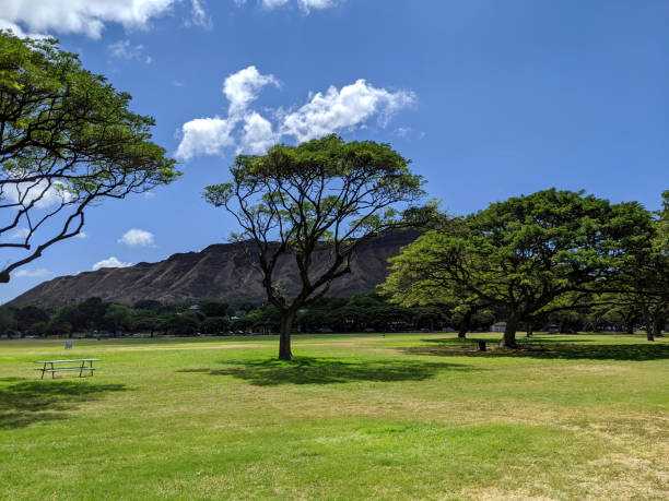Kapiolani Park at during day with Diamond Head and clouds stock photo