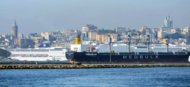 Karakoy harbor and transatlantic ships,Istanbul,Turkey stock photo