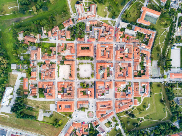 Karlovac city center, inside six-pointed star-shaped Renaissance fortress built against Ottomans, Croatia. Regular orthogonal planning and logical street layout of ideal town stock photo